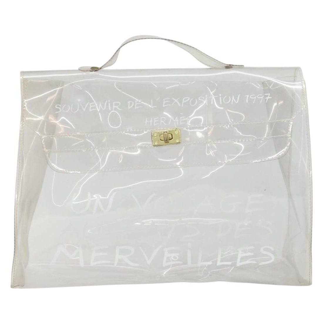 Clear Plastic Hermes Kelly 40cm Vinyl Tote Handbag: Clear Plastic Hermes Kelly 40cm Vinyl Tote Handbag This Hermes Kelly Handbag is crafted from clear plastic and designed for female use. The bag features a spacious interior and classic Kelly silhouett