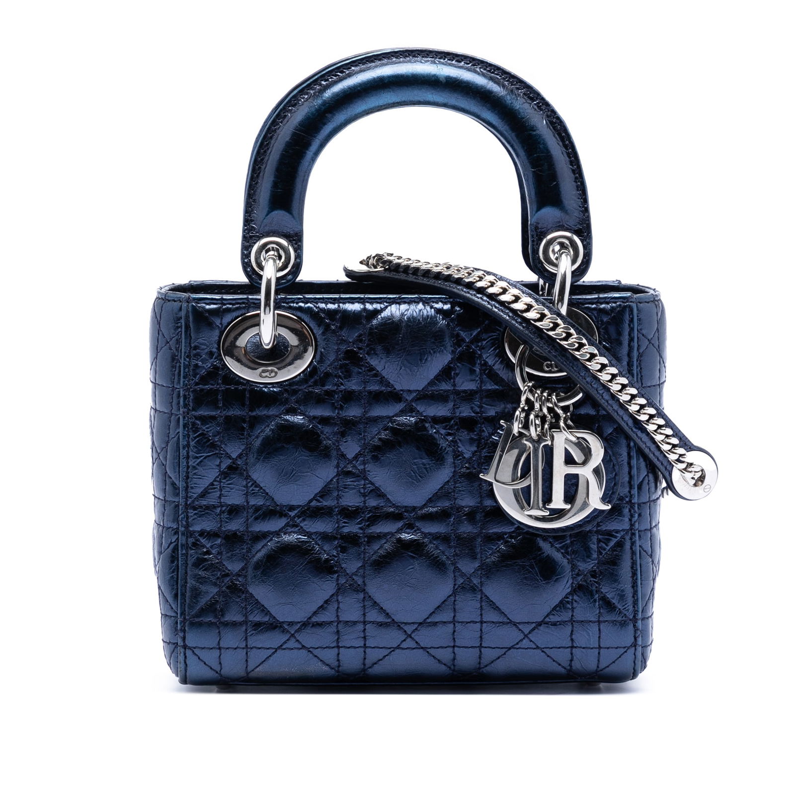 Dior Lady Dior Mini Blue Metallic Quilted Leather Bag with Chain Strap: Dior Lady Dior Mini Blue Metallic Quilted Leather Bag with Chain Strap This Mini Metallic Calfskin Cannage Lady Dior bag features quilted leather construction, flat top handles, and a detachable chain