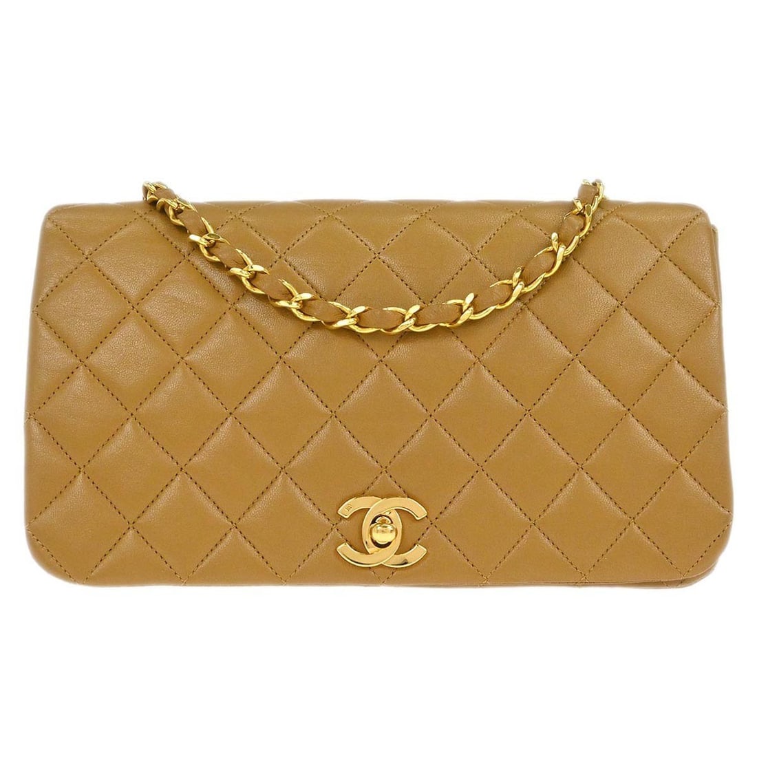 Beige Lambskin Small Shoulder Bag with Turnlock by Chanel: Beige Lambskin Small Shoulder Bag with Turnlock by Chanel This Chanel small full flap shoulder bag is crafted from beige lambskin leather and features a turn lock closure. Designed with a shoulder str