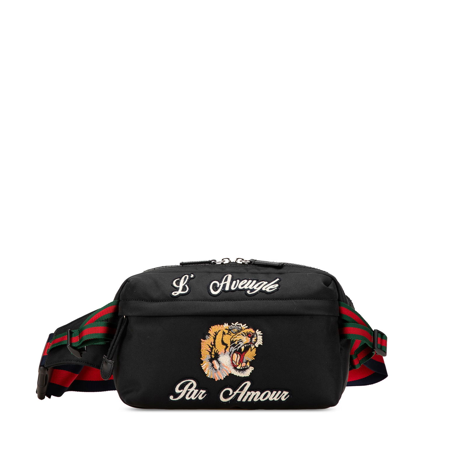 Gucci Techno Canvas Web L Aveugle Par Amour Embroidered Belt Bag Black: Gucci Techno Canvas Web L Aveugle Par Amour Embroidered Belt Bag Black Discover the Gucci Techno Canvas Web L Aveugle Par Amour Embroidered Belt Bag, a stylish accessory that combines functionality wi