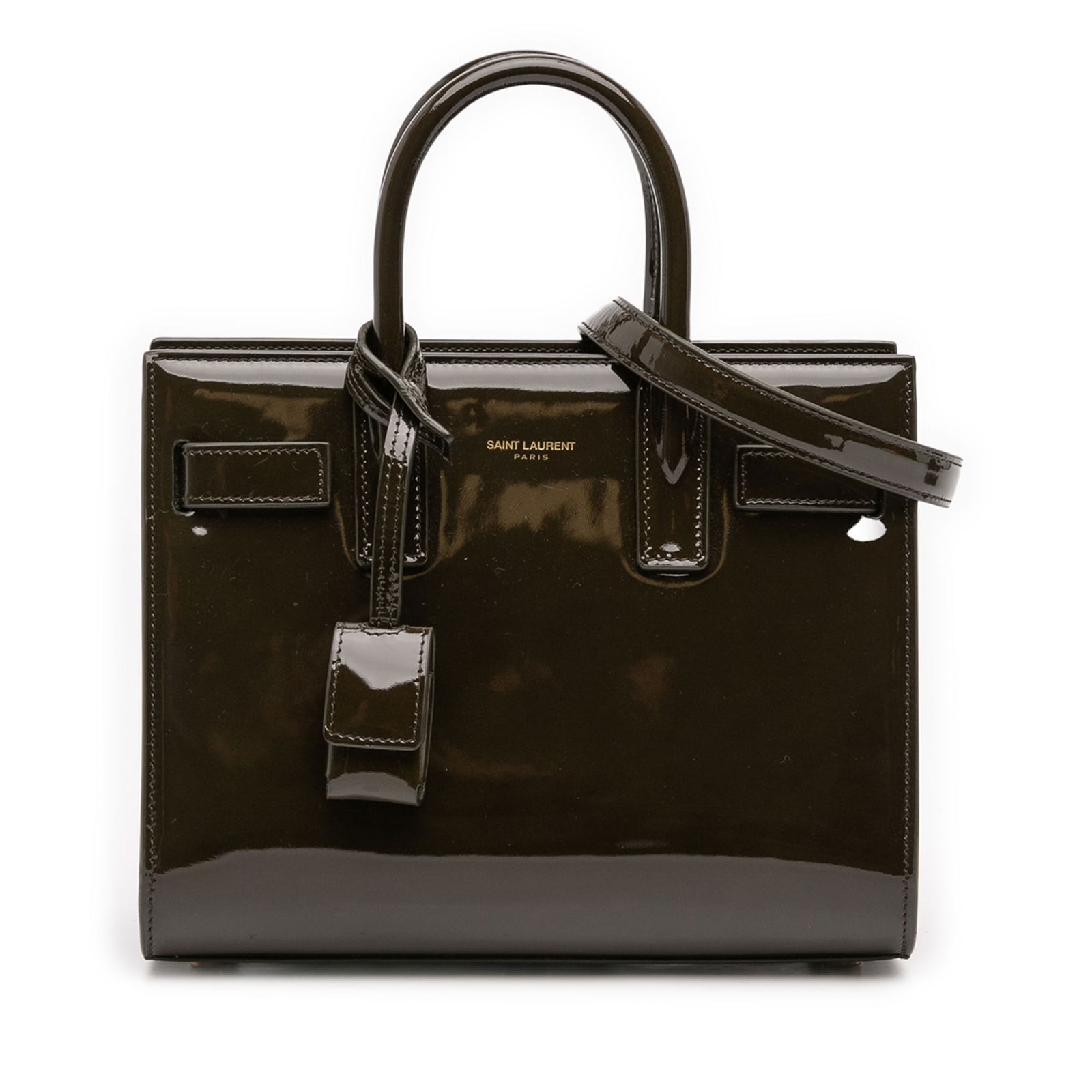 Green Patent Leather Nano Sac de Jour Shoulder Bag by Saint Laurent: Green Patent Leather Nano Sac de Jour Shoulder Bag by Saint Laurent This Saint Laurent Nano Patent Sac de Jour Satchel features a green patent leather body with rolled leather handles and a detachable