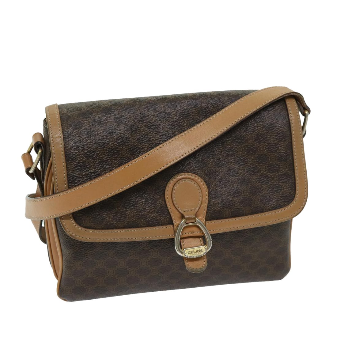 Celine Macadam Canvas Shoulder Bag Brown 23cm by 16cm by 7cm: Celine Macadam Canvas Shoulder Bag Brown 23cm by 16cm by 7cm This Celine Macadam shoulder bag is crafted from brown canvas with leather accents. Designed for women, the bag features a shoulder strap a