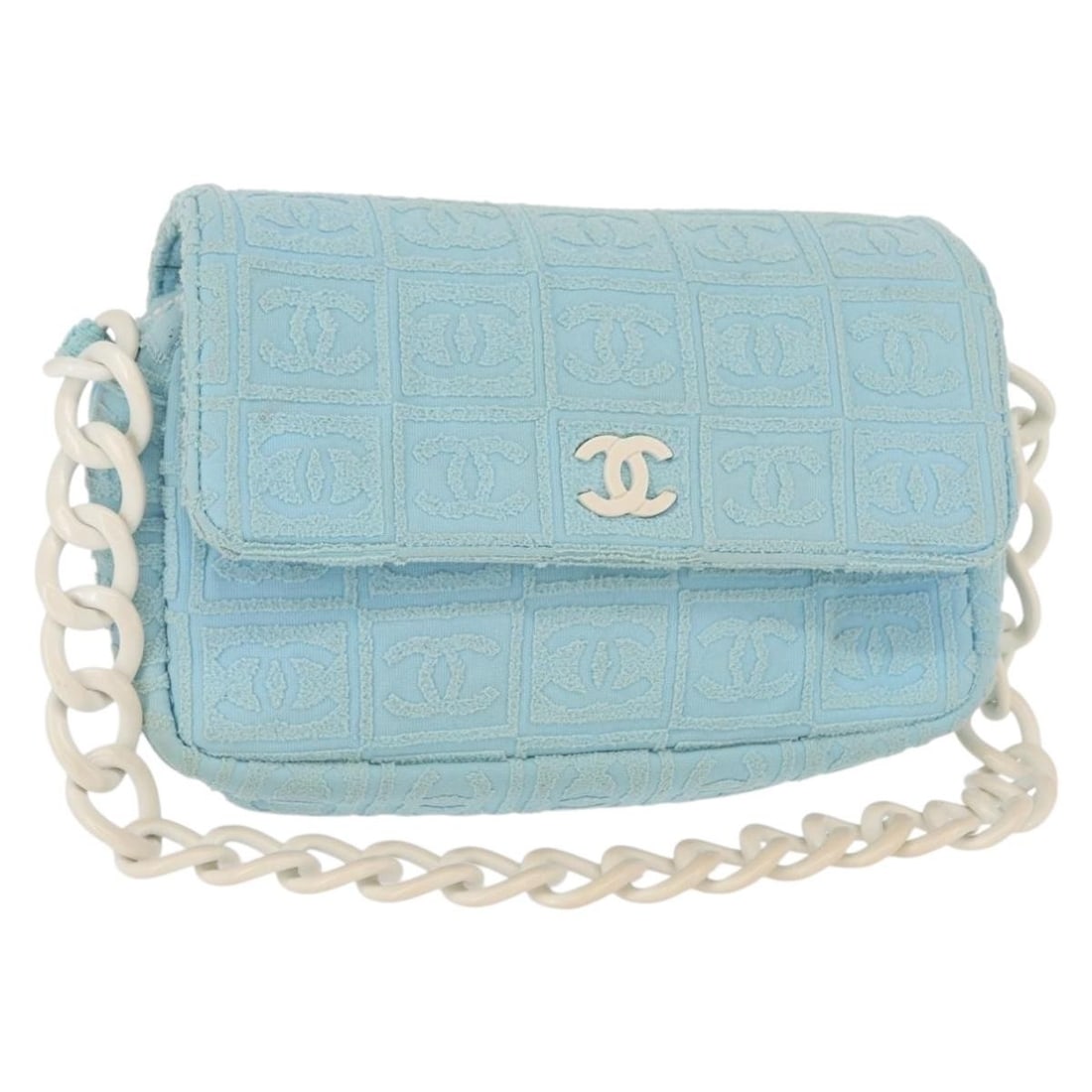 Chanel Resin Camera Flap Bag with Terry Cloth in Blue: Chanel Resin Camera Flap Bag with Terry Cloth in Blue This pre-owned Chanel Sport Line Resin Camera Flap Bag for women features a blue plastic exterior with a terry cloth interior. The shoulder bag me