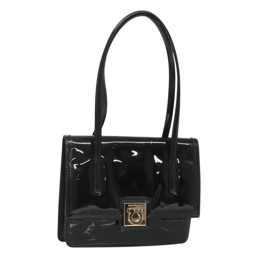 Black Patent Leather Gancini Purse by Salvatore Ferragamo: Black Patent Leather Gancini Purse by Salvatore Ferragamo This Salvatore Ferragamo Gancini handbag for women is crafted from black patent leather and features the signature Gancini design. Made in Ita