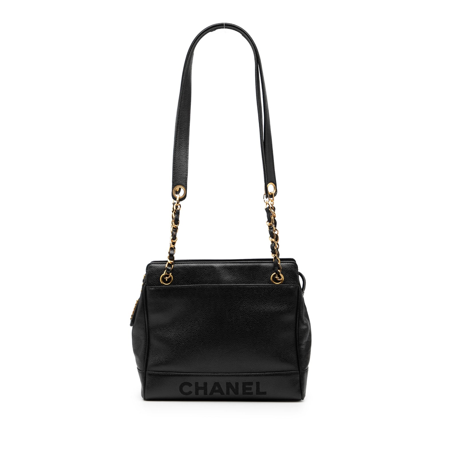 Black Chanel Caviar Leather Shoulder Bag with Logo and Chain Strap Detail: Black Chanel Caviar Leather Shoulder Bag with Logo and Chain Strap Detail This Chanel Caviar Logo Chain Shoulder Bag is crafted from black caviar leather and features flat leather straps with gold-ton