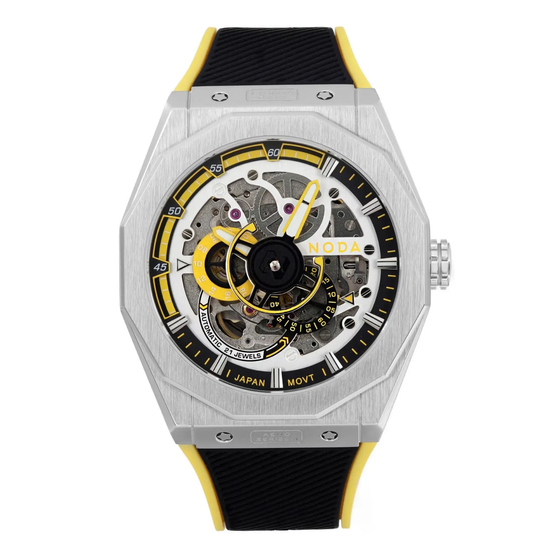 Noda Aero Series-1 43MM Stainless Steel Yellow Skeleton Dial Automatic Watch: Noda Aero Series-1 43MM Stainless Steel Yellow Skeleton Dial Automatic Watch Discover the Noda Aero Series-1, a luxurious wristwatch distinguished by its striking yellow skeleton dial and robust stain
