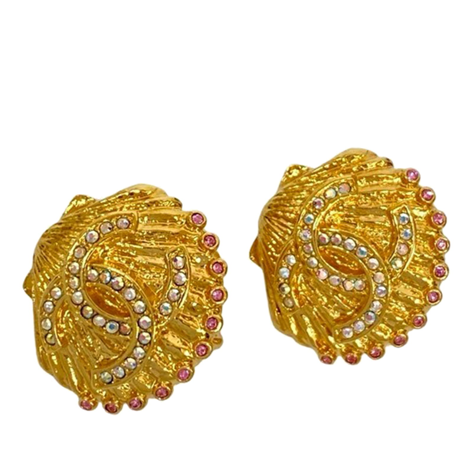 Chanel Shell Clip On Earrings with Gold Plating and Rhinestones: Chanel Shell Clip On Earrings with Gold Plating and Rhinestones These Chanel clip-on earrings feature gold plated metal in a shell motif, adorned with rhinestone embellishments. Designed with a classi