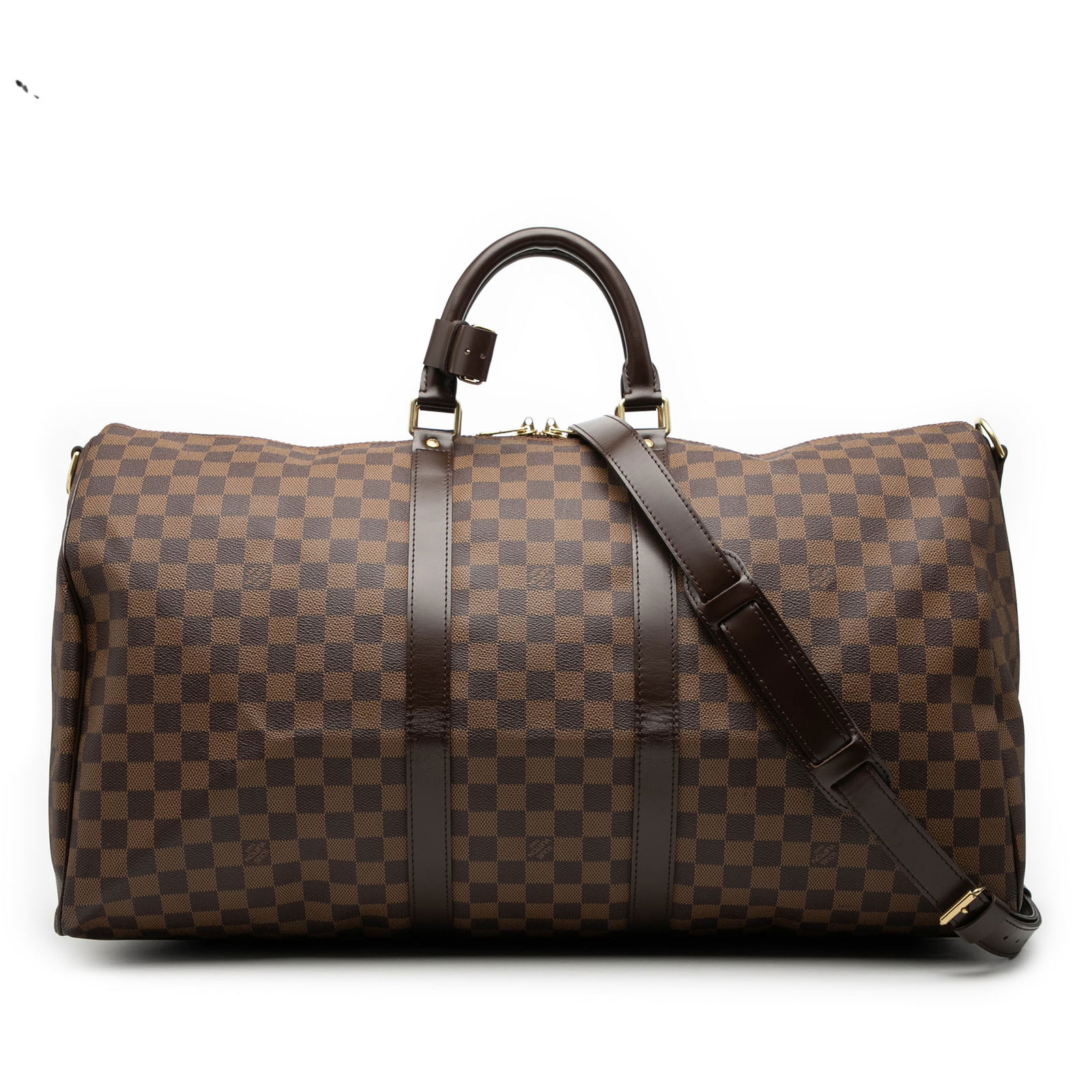 Louis Vuitton Keepall Bandouliere 55 Damier Ebene Canvas Travel Bag: Louis Vuitton Keepall Bandouliere 55 Damier Ebene Canvas Travel Bag The Louis Vuitton Damier Ebene Keepall Bandouliere 55 is crafted with Damier canvas and leather trim. It features rolled leather han