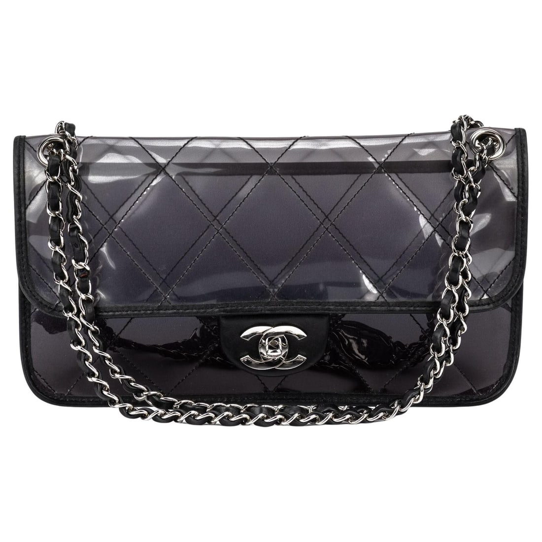 Chanel Jumbo Flap Bag Black Ombre Vinyl Collection #11: Chanel Jumbo Flap Bag Black Ombre Vinyl Collection #11 This Chanel Ombre Vinyl Jumbo Flap Bag is a stunning accessory that combines style with functionality. Crafted from black quilted ombre vinyl, th