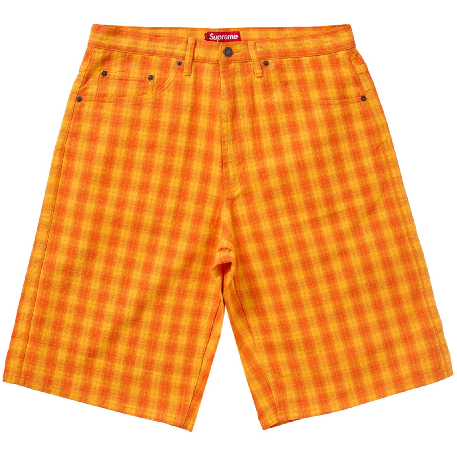 Supreme Orange Plaid Baggy Shorts Size 32: Supreme Orange Plaid Baggy Shorts Size 32 Authentic Supreme Baggy Plaid Orange Shorts in un-used and unworn condition. Features a bold orange plaid pattern and a relaxed, baggy fit. Size 32. Specifica