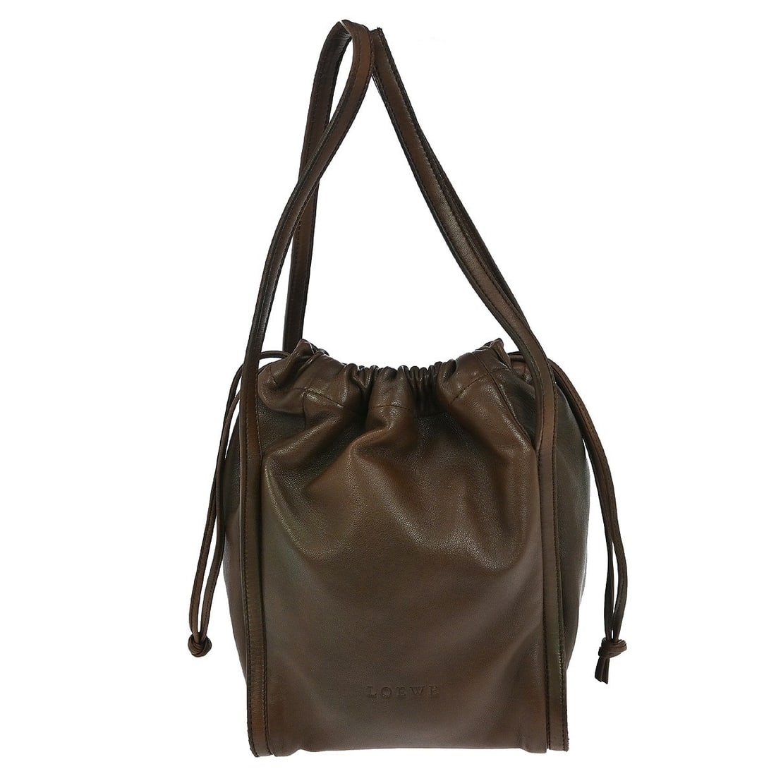 Loewe Mini Brown Lambskin Leather Top Handle Handbag With Double Handles: Loewe Mini Brown Lambskin Leather Top Handle Handbag With Double Handles This exquisite Loewe handbag is crafted from premium brown lambskin leather, showcasing a classic top handle design. The mini s