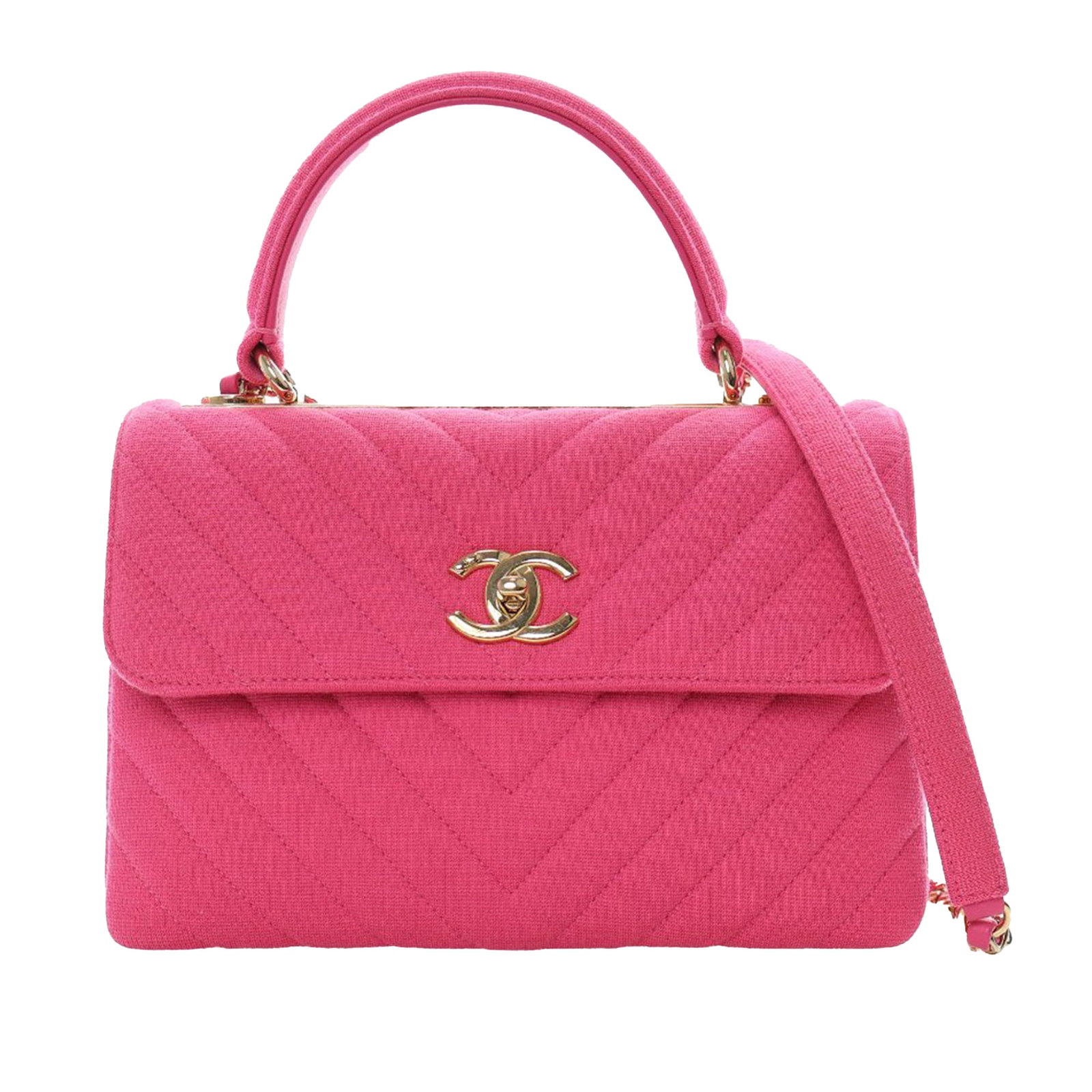 Pink Jersey Small Trendy CC Chevron Satchel with Top Handle: Pink Jersey Small Trendy CC Chevron Satchel with Top Handle This Chanel Small Chevron Jersey Trendy CC Top Handle Flap bag features a quilted jersey body, a jersey top handle, and a jersey woven chain