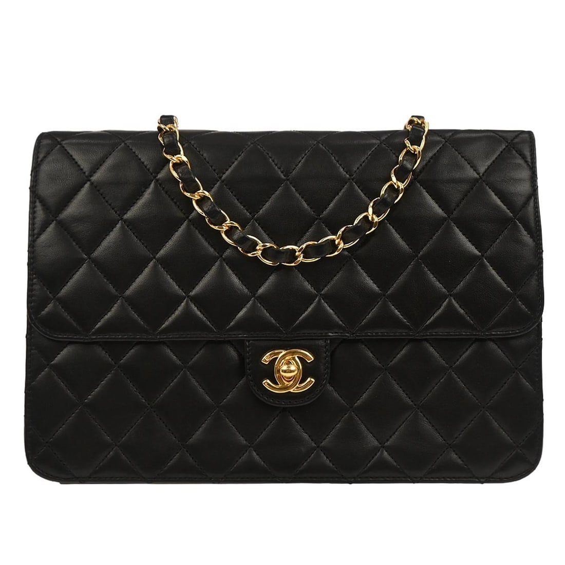 Chanel Classic Black Lambskin Medium Single Flap Shoulder Bag: Chanel Classic Black Lambskin Medium Single Flap Shoulder Bag This Chanel Classic Single Flap shoulder bag is crafted from black lambskin leather and features a turn lock closure. The medium-sized bag