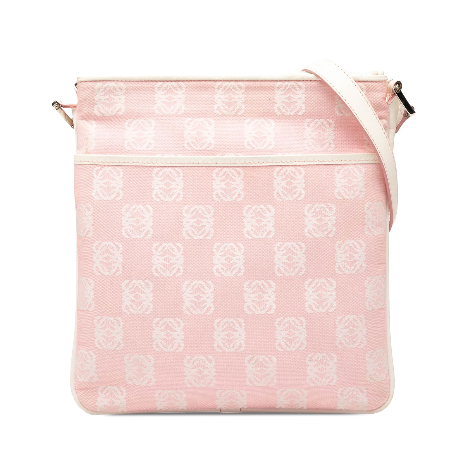 Loewe Anagram Canvas Crossbody Bag with Leather Trim and Pink Fabric: Loewe Anagram Canvas Crossbody Bag with Leather Trim and Pink Fabric This LOEWE Anagram Canvas Crossbody bag features a pink canvas body with leather trim, an adjustable flat leather shoulder strap, a