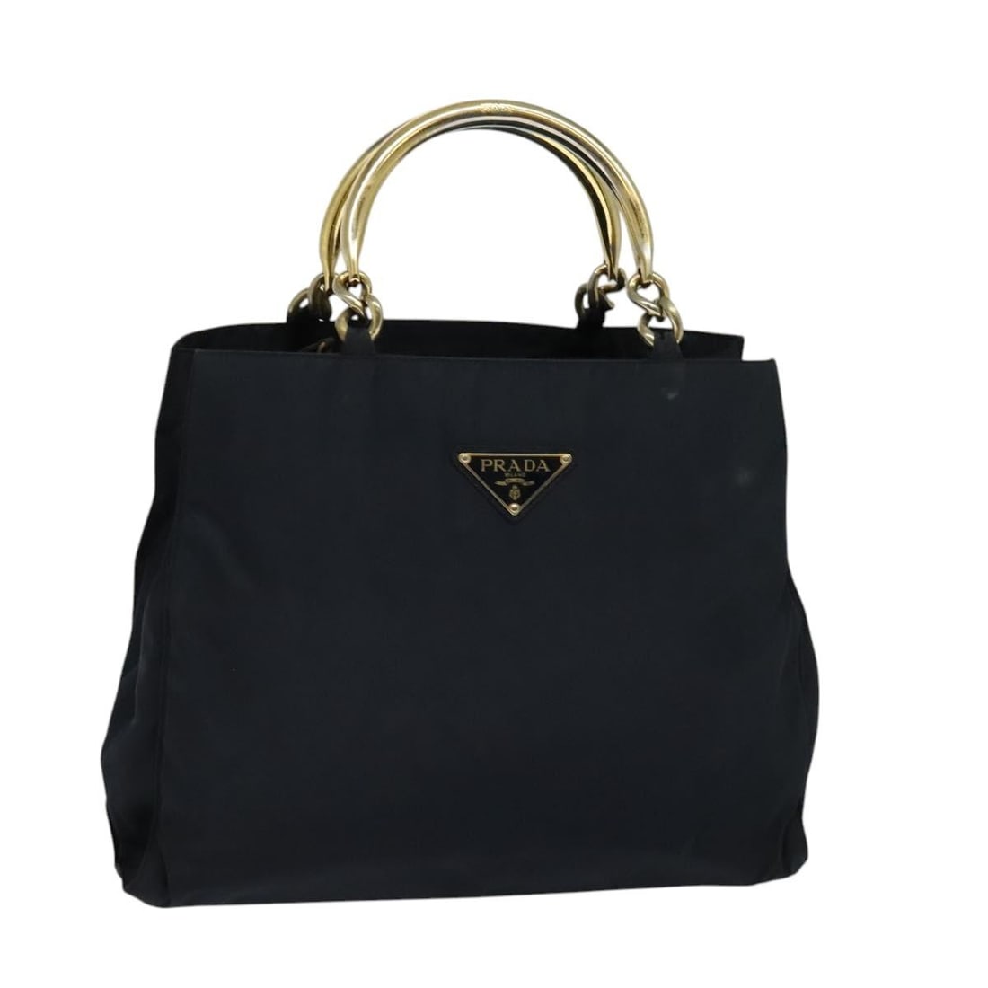 Navy Nylon Prada Tessuto Tote with Metal Handles: Navy Nylon Prada Tessuto Tote with Metal Handles This Prada Metal Handles Tote is crafted from navy nylon and features distinctive metal handles. The tote is designed for women and offers ample space