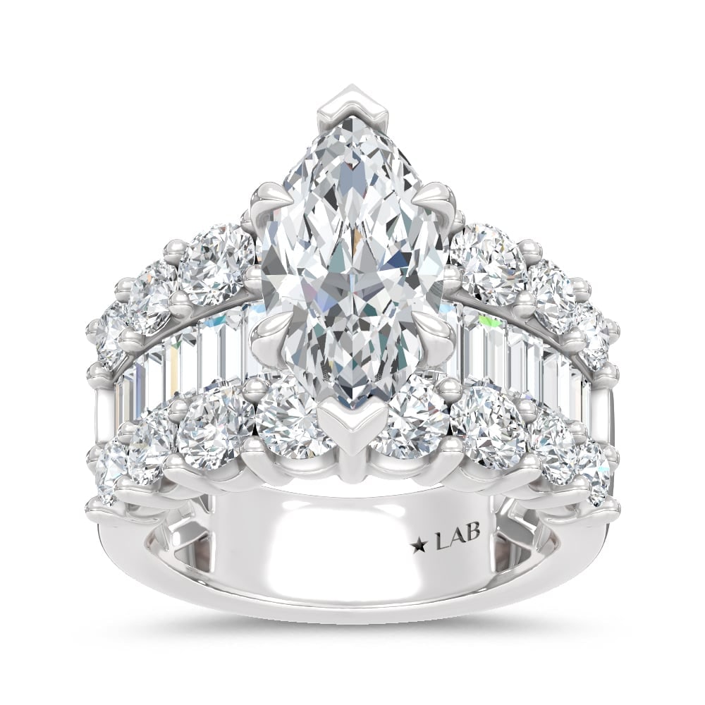 14K White Gold Lab Grown Diamond 6 3/4 Ct.Tw. Center Marquise and Baguette Engagement Ring (IGI: 14K White Gold Lab Grown Diamond 6 3/4 Ct.Tw. Center Marquise and Baguette Engagement Ring (IGI Certified Center 3ct) 14k White Gold Stone Color: D-f Stone Clarity: Vs Each ring is presented in standa