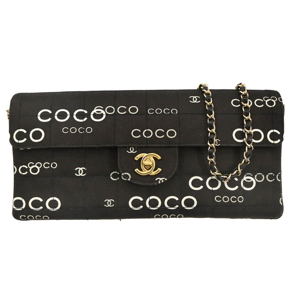 Chanel Black Canvas COCO Chocolate Bar Shoulder Bag with Turnlock: Chanel Black Canvas COCO Chocolate Bar Shoulder Bag with Turnlock This Chanel Black Canvas COCO East West Choco Bar Shoulder Bag is an elegant accessory perfect for casual occasions. Featuring a styli