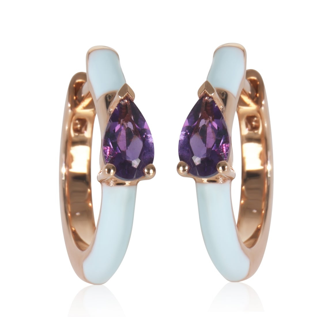 14K Rose Gold Amethyst Pear Light Blue Enamel Huggie Earrings: 14K Rose Gold Amethyst Pear Light Blue Enamel Huggie Earrings These stunning Rose Gold Amethyst Light Blue Enamel Huggie Earrings feature a unique pear shape, showcasing a vibrant amethyst side stone