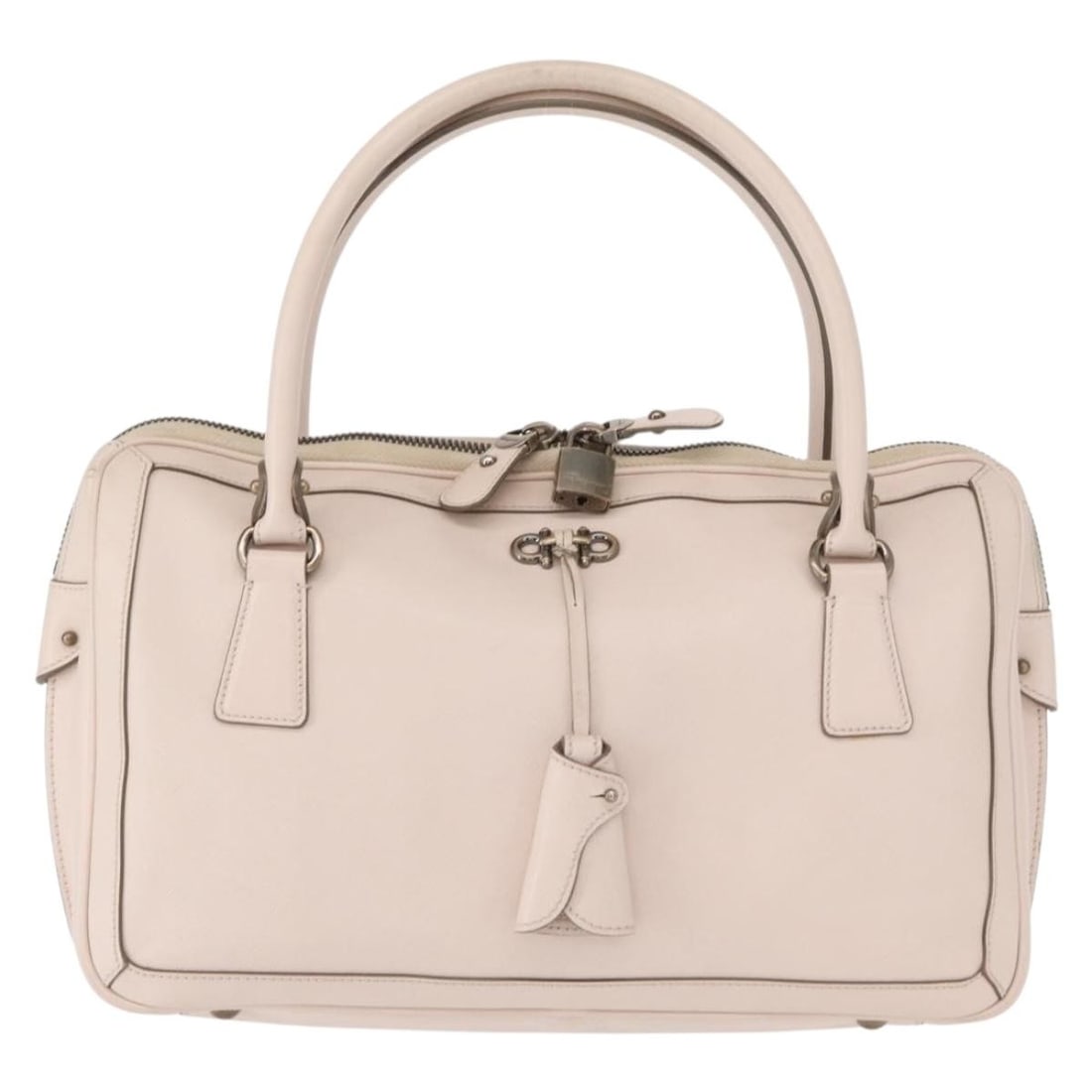 Salvatore Ferragamo Pink Leather Gancini Purse 34x23x11cm: Salvatore Ferragamo Pink Leather Gancini Purse 34x23x11cm This Salvatore Ferragamo Gancini handbag for women features pink leather construction with metal fittings. It measures 34cm x 23cm x 11cm and