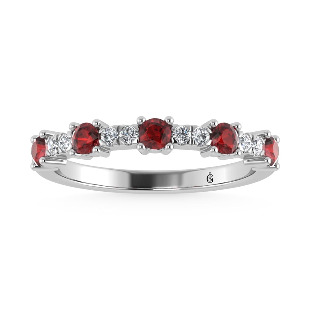 14K White Gold Diamond 1/2 Ct. Tw. Alternate Diamond and Garnet Stackable Band: 14K White Gold Diamond 1/2 Ct. Tw. Alternate Diamond and Garnet Stackable Band 14k White Gold Stone Color: G-h Stone Clarity: Si3 Each ring is presented in standard size 6.5. Complimentary resizing is