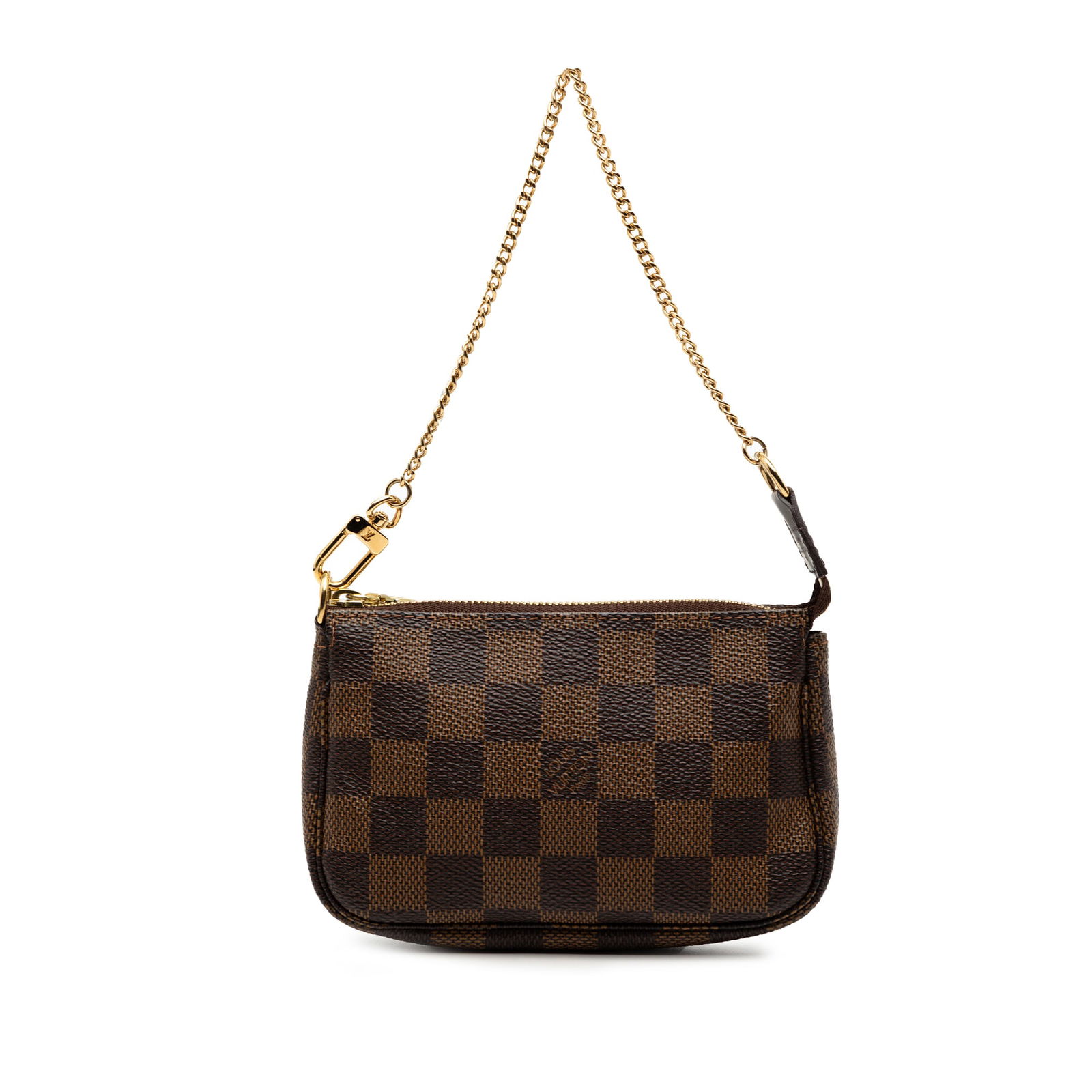 Louis Vuitton Damier Ebene Mini Pochette Accessoires Brown Canvas Bag: Louis Vuitton Damier Ebene Mini Pochette Accessoires Brown Canvas Bag This Louis Vuitton Damier Ebene Mini Pochette Accessoires features a signature Damier canvas body in brown, complemented by a gold