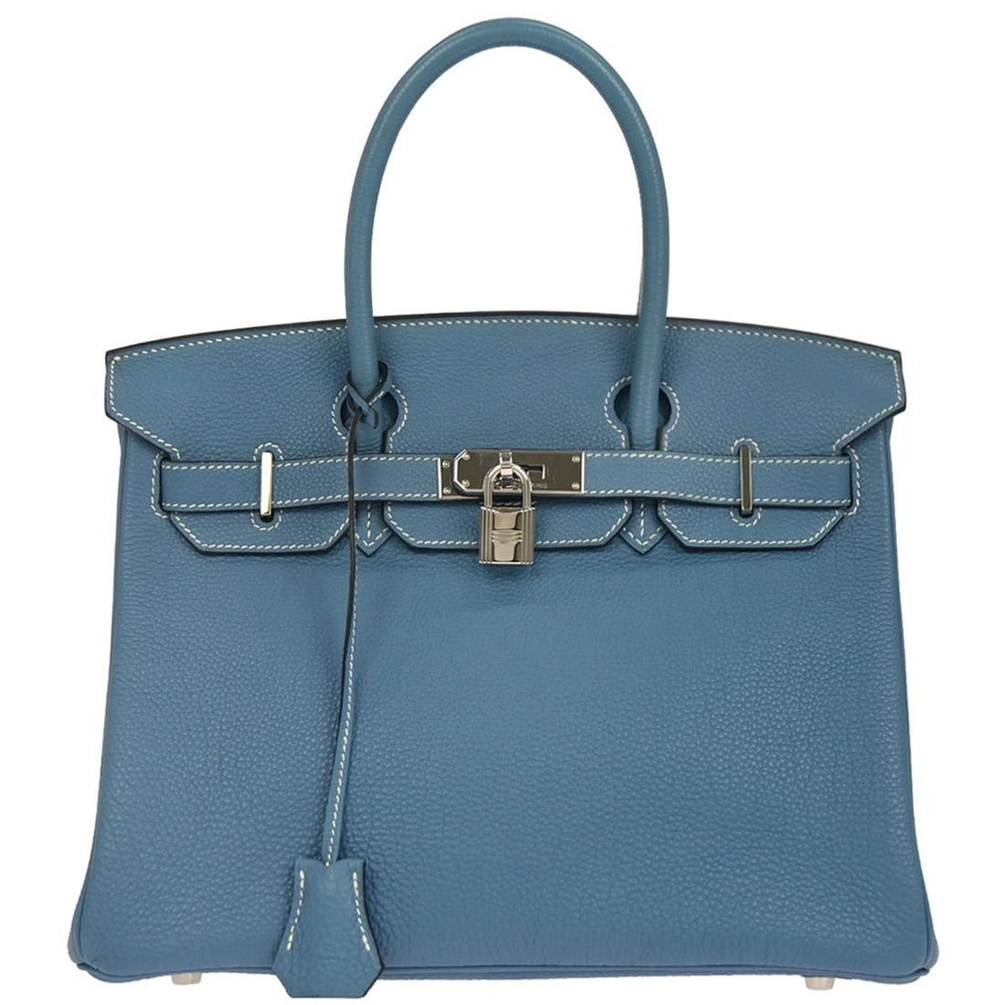 Blue Jean Togo Leather Birkin 30 Top Handle Bag by Hermes: Blue Jean Togo Leather Birkin 30 Top Handle Bag by Hermes This Hermes Birkin 30 handbag is crafted from Blue Jean Togo leather and features double handles, a leather lining, and lock accents. Designed