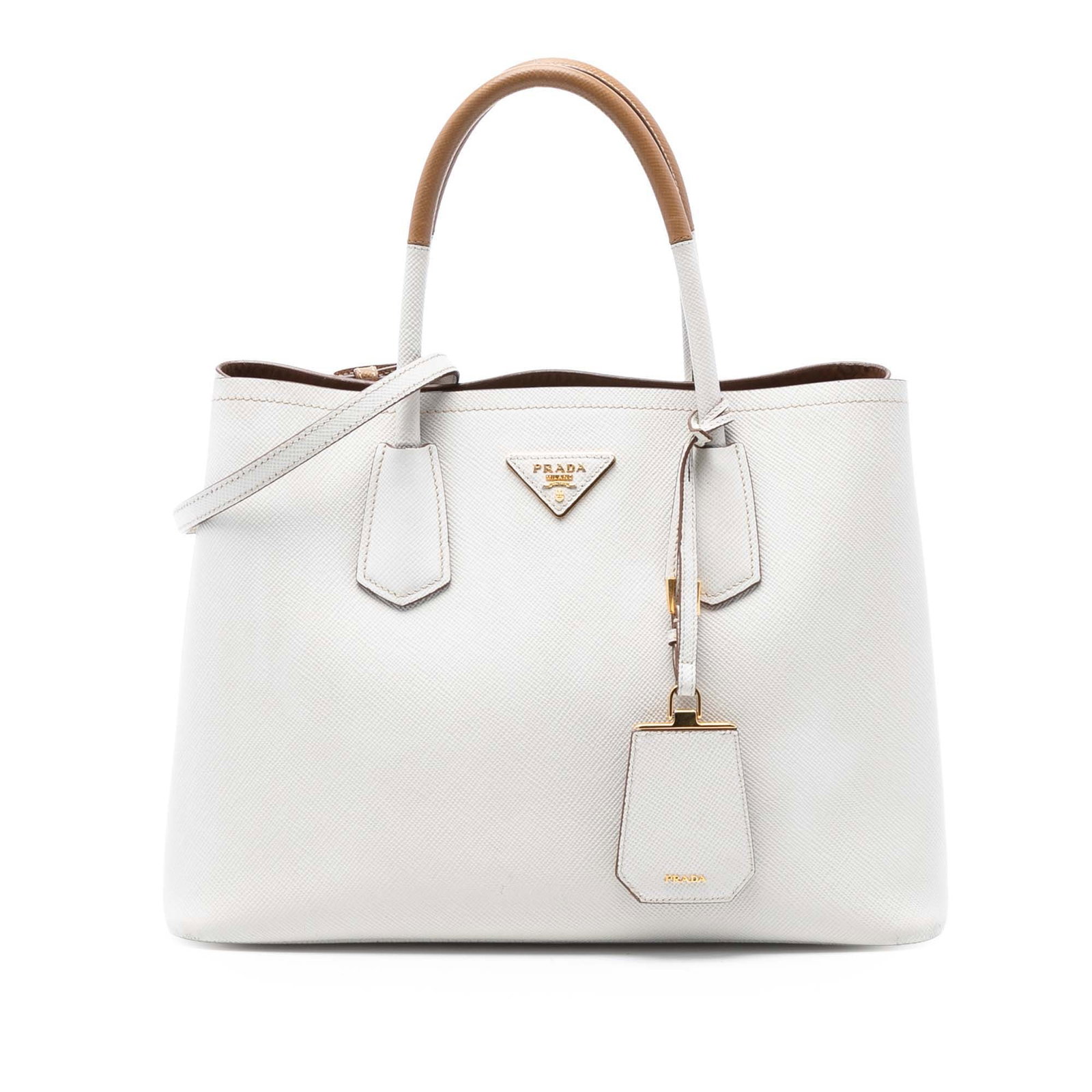 Medium Saffiano Cuir Bicolor Satchel with Double Handles by Prada: Medium Saffiano Cuir Bicolor Satchel with Double Handles by Prada This Prada Medium Bicolor Saffiano Cuir Double Satchel features a leather body with rolled leather handles, a detachable flat leather