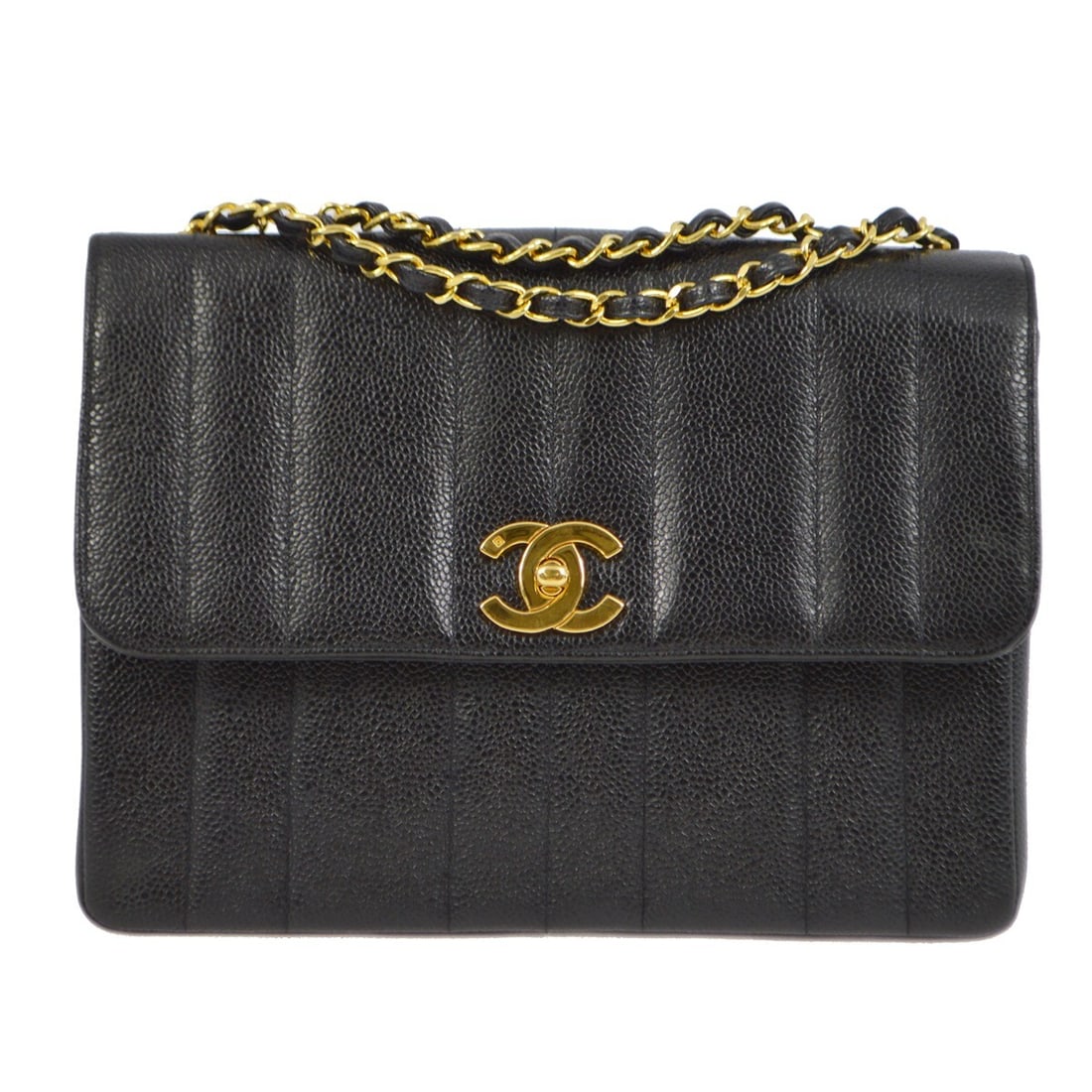 Chanel Black Caviar Leather Mademoiselle Flap Shoulder Bag Gold Hardware: Chanel Black Caviar Leather Mademoiselle Flap Shoulder Bag Gold Hardware This Chanel Mademoiselle Straight Flap Shoulder Bag is a stylish accessory crafted from luxurious black caviar skin leather. It