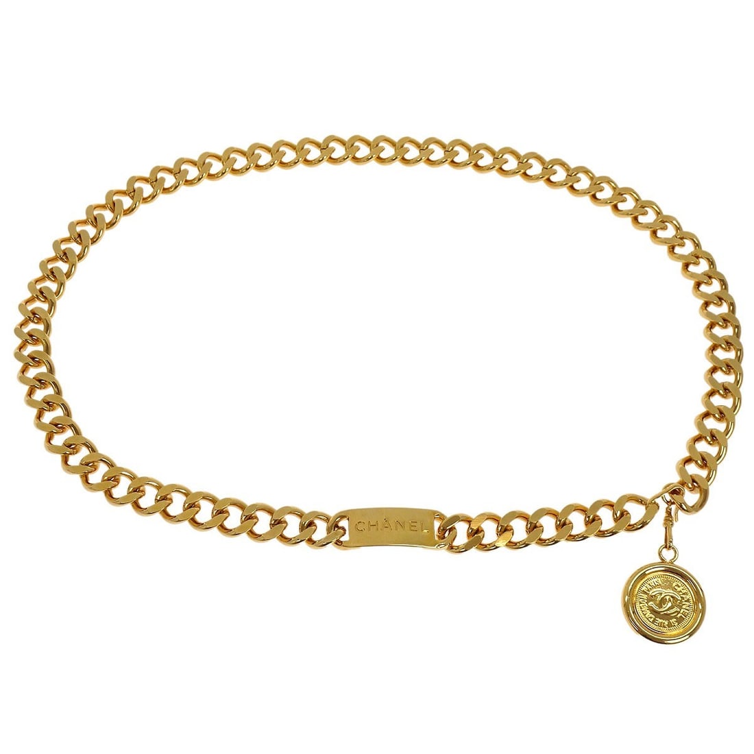 Gold Plated Chain Belt with Medallion by Chanel 95P Small: Gold Plated Chain Belt with Medallion by Chanel 95P Small This Chanel chain belt features a medallion design with a gold-plated finish. The belt is in excellent overall condition and is sized as one s