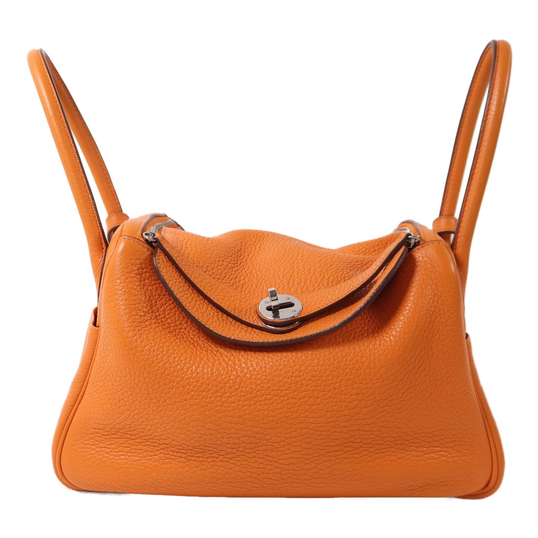 Orange Taurillon Clemence Lindy 26 Shoulder Bag by Hermes with Palladium Hardware: Orange Taurillon Clemence Lindy 26 Shoulder Bag by Hermes with Palladium Hardware This Hermes Lindy 26 two-way shoulder bag is crafted from Taurillon Clemence calfskin leather in a vibrant orange colo
