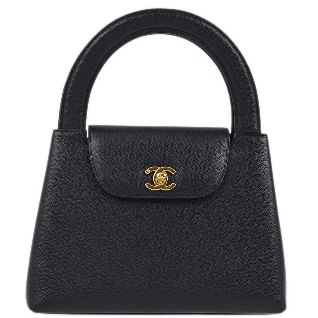 Chanel Black Caviar Skin Handbag with Turn Lock Closure: Chanel Black Caviar Skin Handbag with Turn Lock Closure Elevate your style with this elegant Chanel Black Calfskin Handbag, crafted from luxurious caviar skin. This small handbag features a classic tu