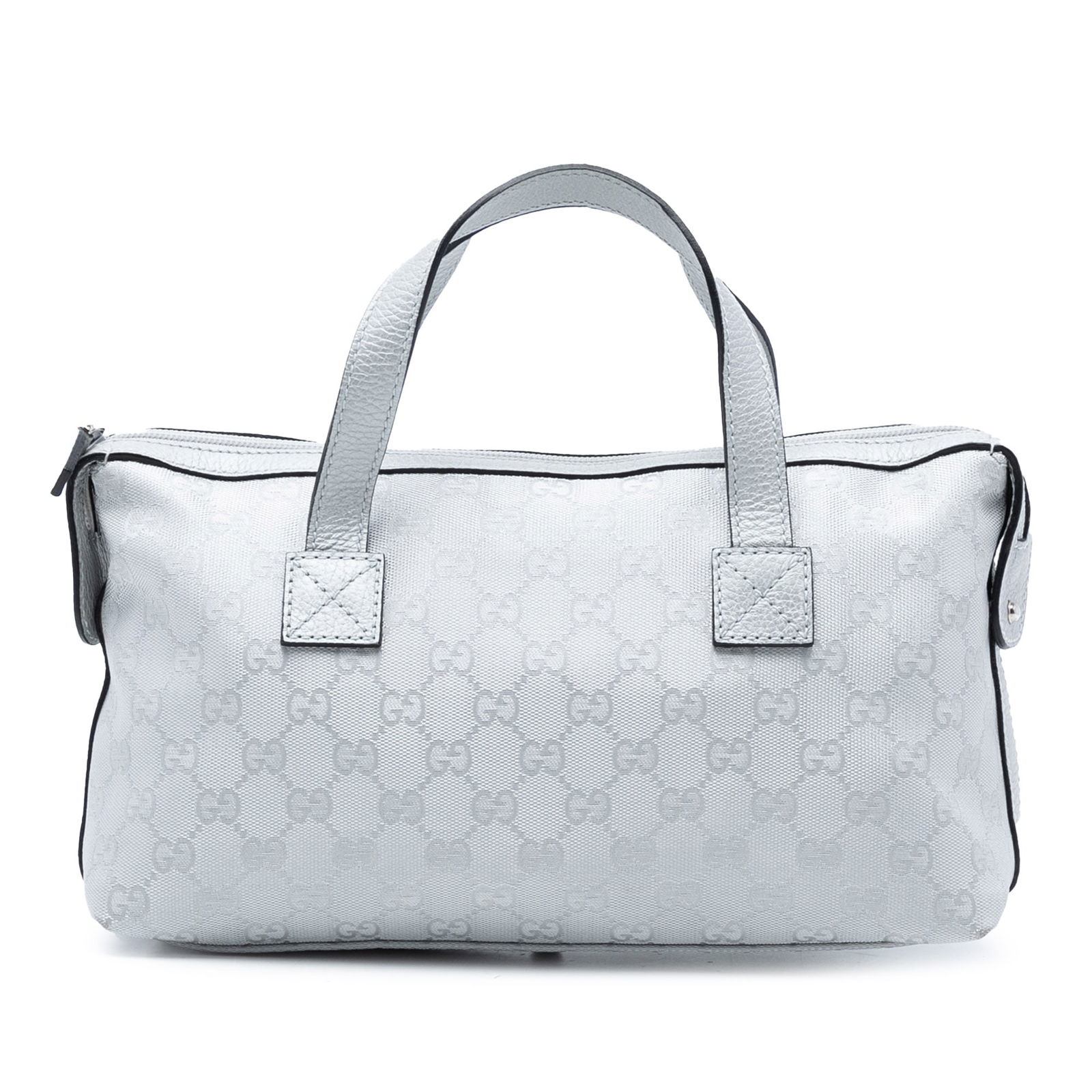 GG Canvas Silver Tote with Leather Trim and Top Zip Closure: GG Canvas Silver Tote with Leather Trim and Top Zip Closure This Gucci GG Canvas Handbag features a canvas body with leather trim, flat leather handles, a top zip closure, and interior zip and slip po