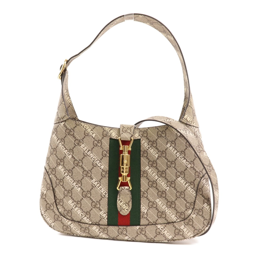 GUCCI x Balenciaga Jackie 1961 2 Way Bag Coated Canvas Brown: GUCCI x Balenciaga Jackie 1961 2 Way Bag Coated Canvas Brown Introducing the GUCCI x Balenciaga Jackie 1961 2 Way Bag, a stylish shoulder bag made from durable PVC coated canvas in a rich brown color.