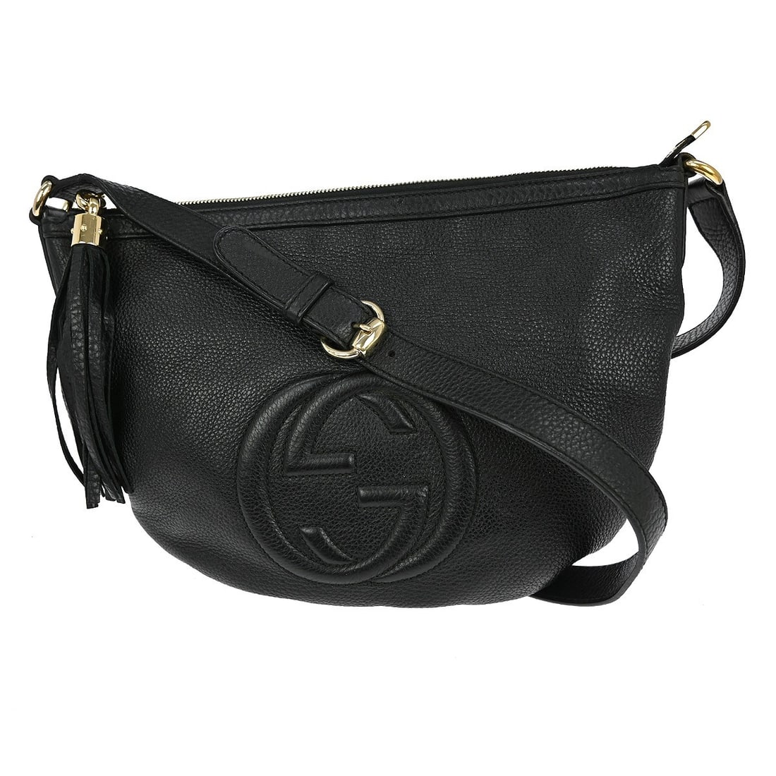 Gucci Soho Black Leather Medium Shoulder Bag Model 308361 000926: Gucci Soho Black Leather Medium Shoulder Bag Model 308361 000926 This Gucci Soho shoulder bag features a black leather exterior with a beige leather shoulder strap. The bag is medium-sized and include