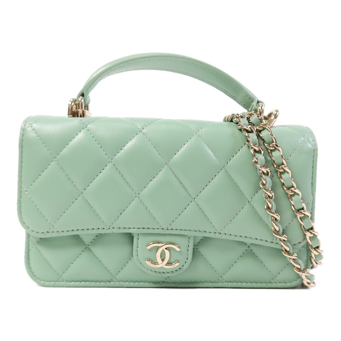 Chanel Green Lambskin Wallet on Chain Shoulder Bag with Handle: Chanel Green Lambskin Wallet on Chain Shoulder Bag with Handle This CHANEL Wallet On Chain (WOC) features a classic CC logo and gold-tone hardware, designed for versatile use as a shoulder bag or carr