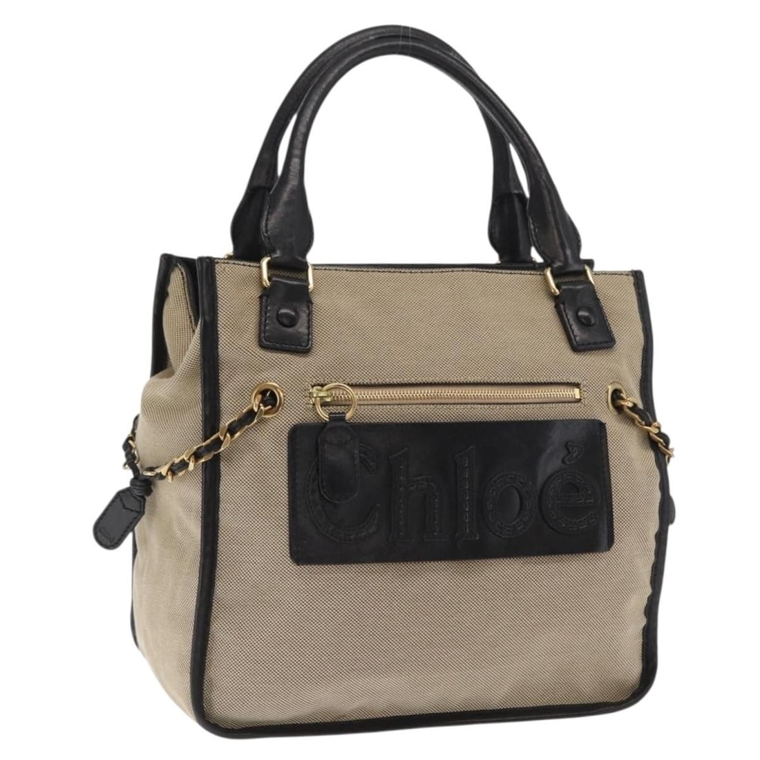 Chloe Canvas Tote in Beige and Gold Accent: Chloe Canvas Tote in Beige and Gold Accent This Chloe tote bag features a beige and gold canvas exterior, offering a stylish and practical design. The bag includes a spacious main compartment with a h