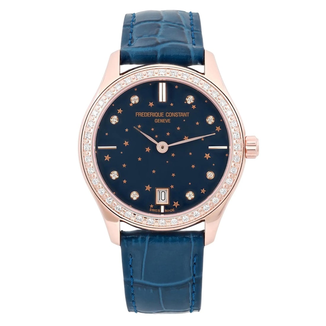 Frederique Constant 36mm Steel Navy Diamond Dial Quartz Ladies Watch FC-220NSD3BD4: Frederique Constant 36mm Steel Navy Diamond Dial Quartz Ladies Watch FC-220NSD3BD4 This Frederique Constant wristwatch combines elegance and functionality, featuring a 36mm round stainless steel case