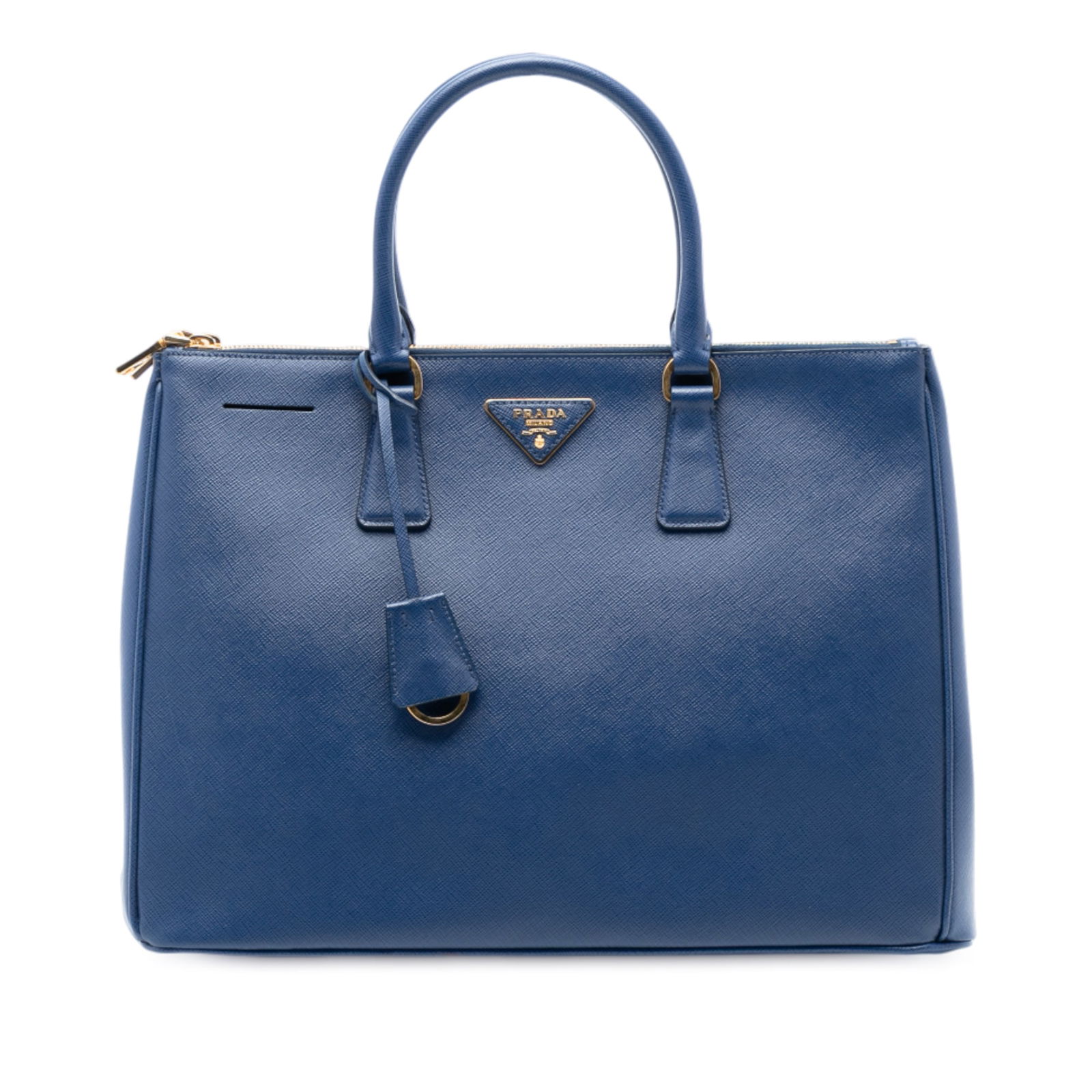 Prada Galleria Saffiano Leather Blue Tote with Double Zip Compartments: Prada Galleria Saffiano Leather Blue Tote with Double Zip Compartments This Prada Large Saffiano Lux Galleria Double Zip Tote features a blue saffiano leather body with rolled handles, an open top, du