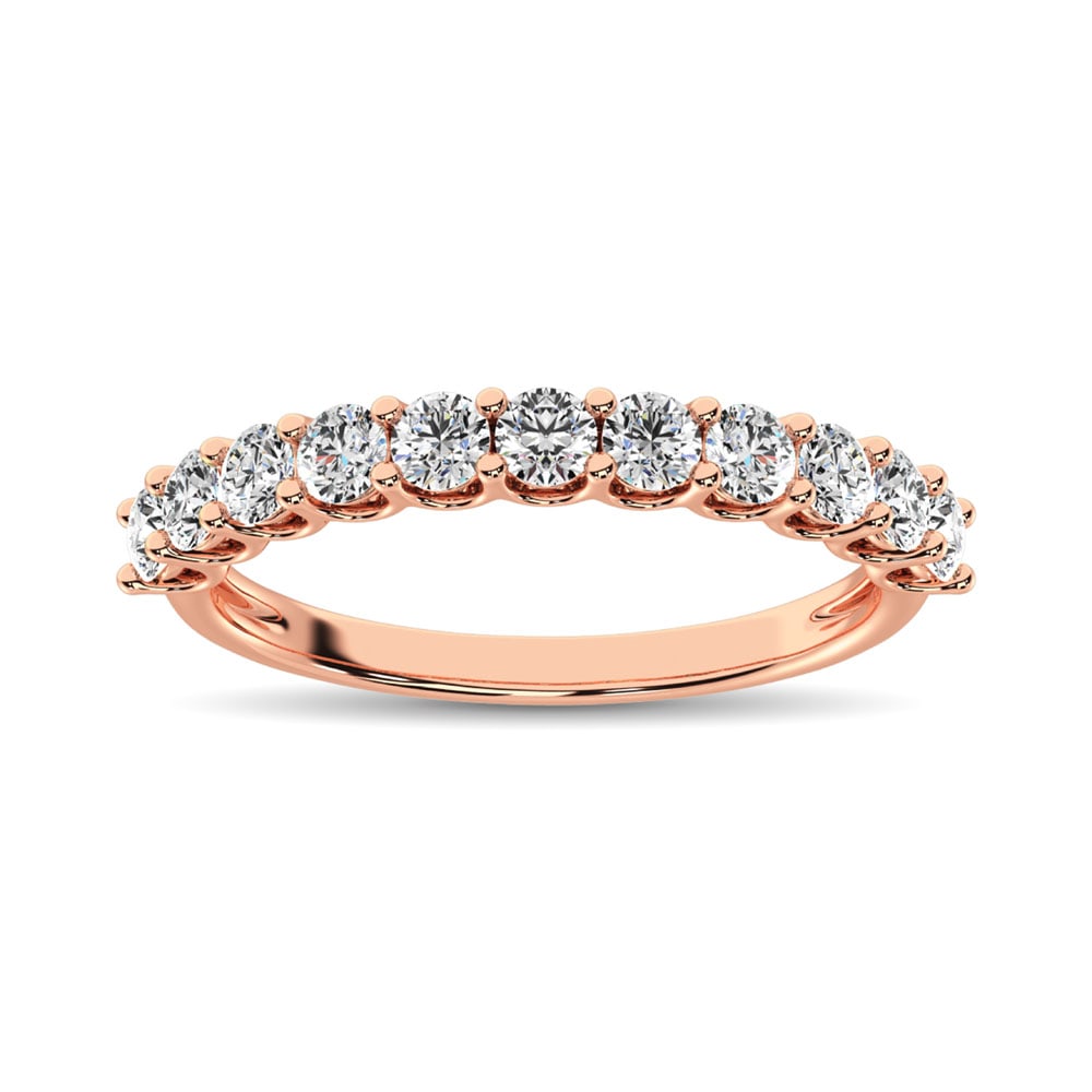 14K Rose Gold Diamond 3/4 Ct.Tw. 9 Stone Anniversary Band: 14K Rose Gold Diamond 3/4 Ct.Tw. 9 Stone Anniversary Band This eye-catching Anniversary Band is available in 14K Rose Gold. There are 9 round diamonds with a total carat weight of 3/4 Ct.Tw. set in a