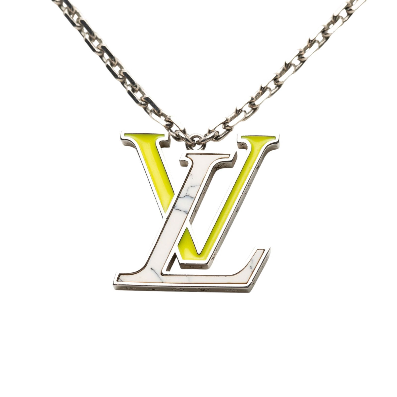 Louis Vuitton LV Colors Silver Plated Pendant Necklace with Resin Accent: Louis Vuitton LV Colors Silver Plated Pendant Necklace with Resin Accent This Louis Vuitton necklace features a silver-plated metal body with a logo pendant accented by resin details. The piece is sec