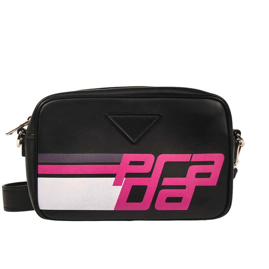 Prada Black Calfskin Racing Logo Camera Shoulder Bag 31/V: Prada Black Calfskin Racing Logo Camera Shoulder Bag 31/V Introducing the Prada Black Calfskin Racing Logo Camera Bag, a stylish addition to your casual ensemble. This medium-sized shoulder bag featur