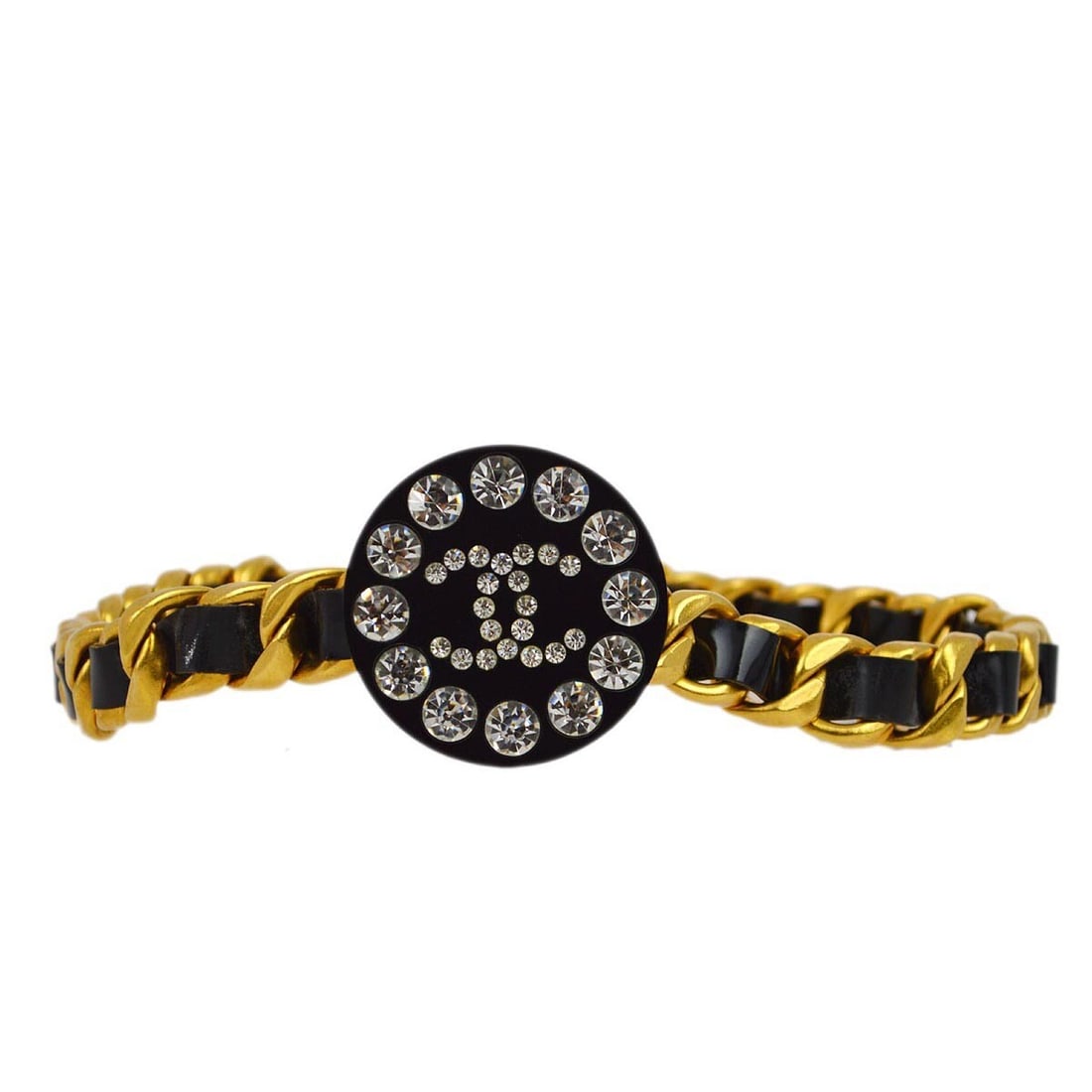 Chanel Gold Black Rhinestone Chain Belt Patent Leather 95P (1 of 10)