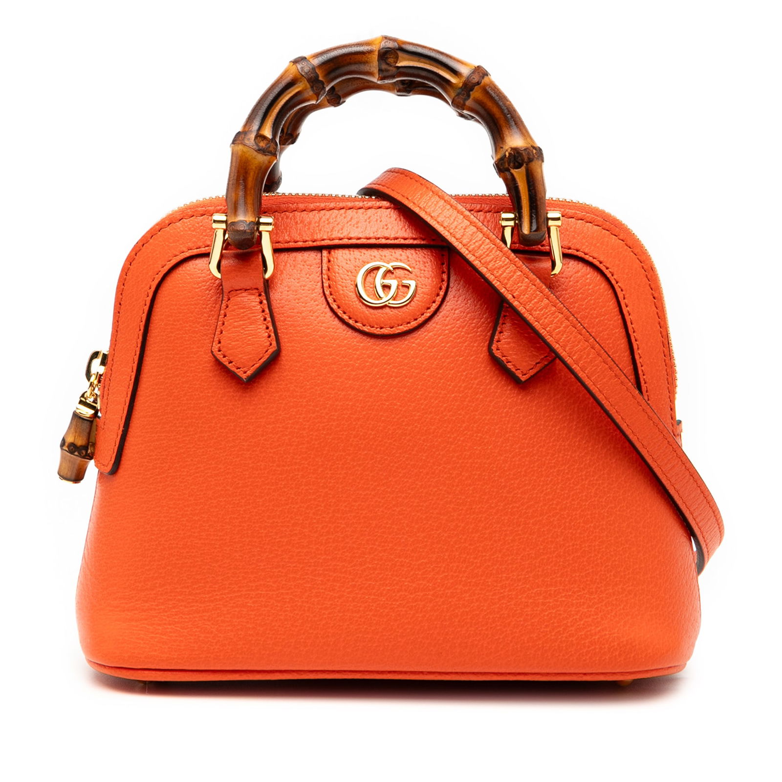 Gucci Mini Dollar Calfskin Bamboo Dome Satchel Orange Leather: Gucci Mini Dollar Calfskin Bamboo Dome Satchel Orange Leather Introducing the Gucci Mini Dollar Calfskin Bamboo Diana Dome Satchel, a stylish accessory that combines luxury with functionality. This sa
