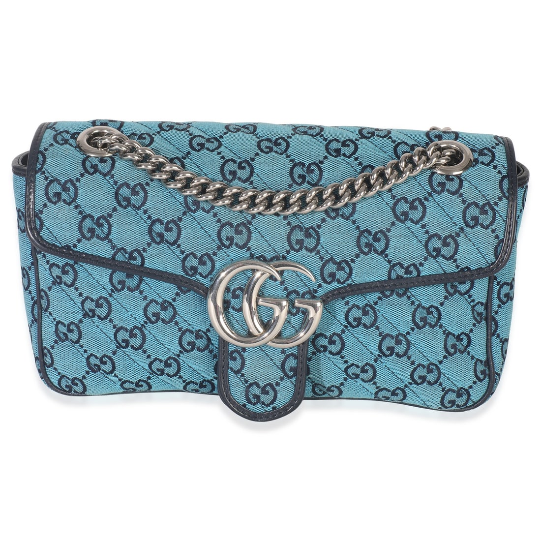 Gucci Small GG Marmont Blue Canvas Shoulder Bag Silver Hardware: Gucci Small GG Marmont Blue Canvas Shoulder Bag Silver Hardware This Gucci Small GG Marmont Shoulder Bag features blue matelasse canvas with a diagonal pattern, accented by silver-tone hardware. The b