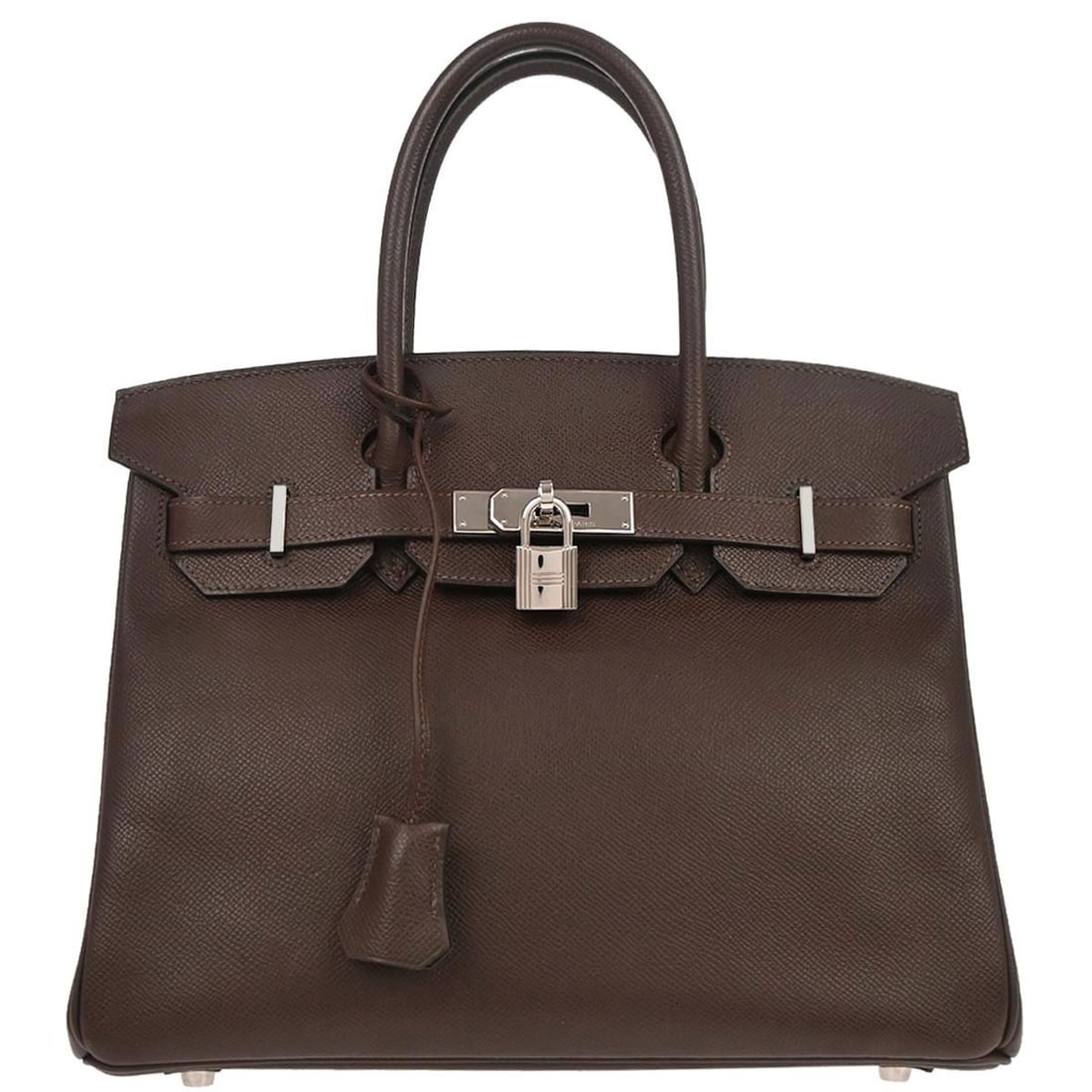 Birkin 30 Epsom Leather Medium Brown Shoulder Bag with Lock: Birkin 30 Epsom Leather Medium Brown Shoulder Bag with Lock This Hermes Birkin 30 handbag is crafted from brown Epsom leather and features double handles, a lock accent, and a medium-size silhouette.