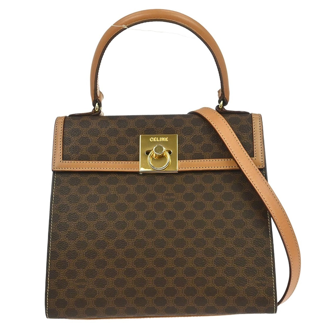 Celine Macadam Top Handle Bag Brown Leather PVC Medium: Celine Macadam Top Handle Bag Brown Leather PVC Medium This Celine Macadam handbag features a brown exterior with the iconic logo accents and double handles. Designed for casual occasions, this medium