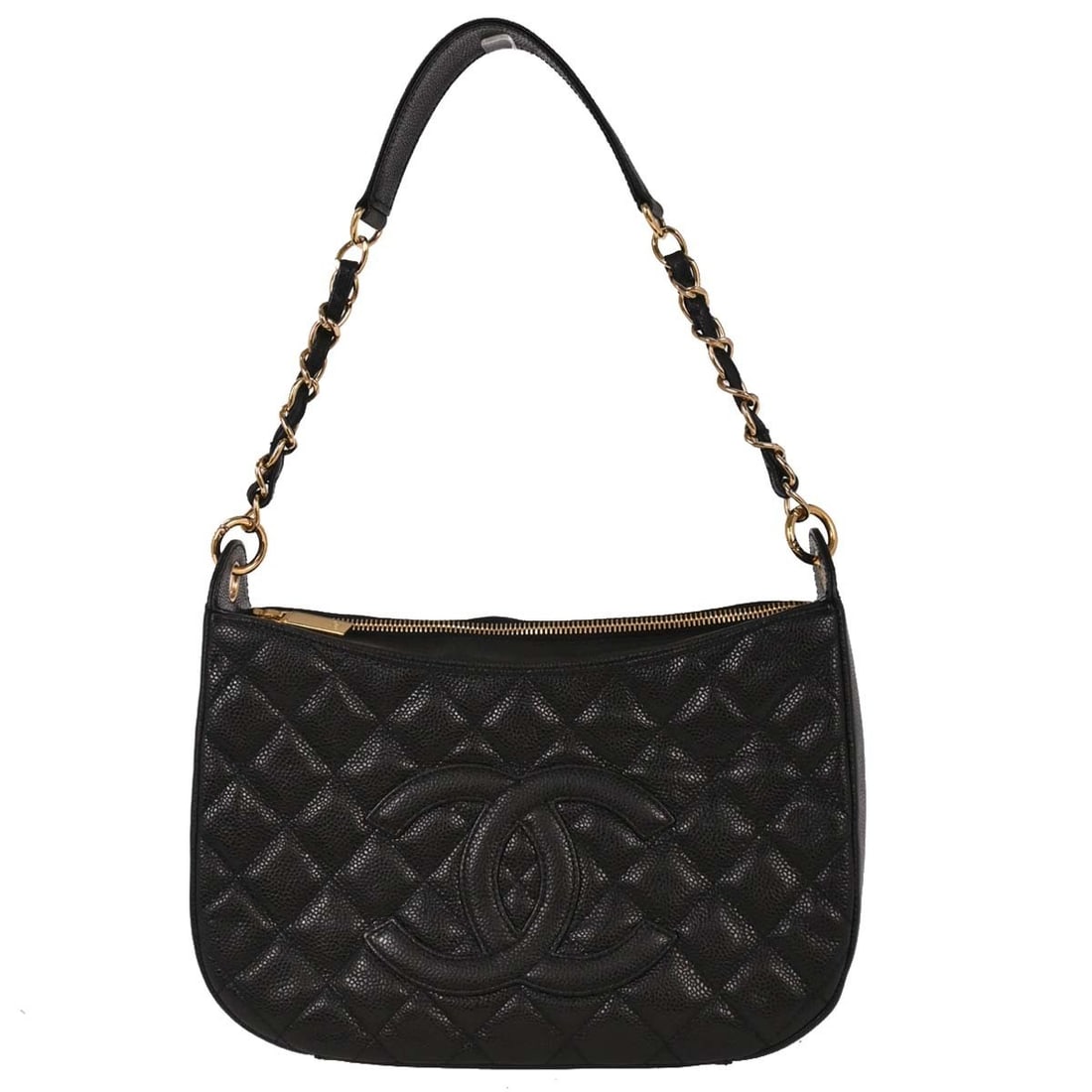 Chanel Caviar Leather Medium Black Hobo Bag with Top Handle: Chanel Caviar Leather Medium Black Hobo Bag with Top Handle This Chanel hobo handbag is crafted from black caviar skin leather and features a top handle design with a zip closure. The medium-sized bag
