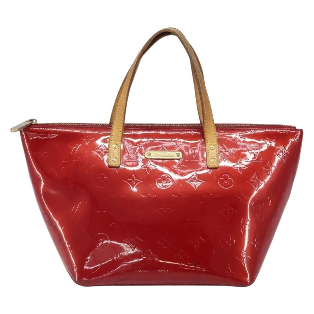 Red Patent Leather Bellevue Tote Bag by Louis Vuitton: Red Patent Leather Bellevue Tote Bag by Louis Vuitton The Louis Vuitton Bellevue handbag in Monogram Vernis features a striking red patent leather exterior. Designed for women, this handbag is crafted