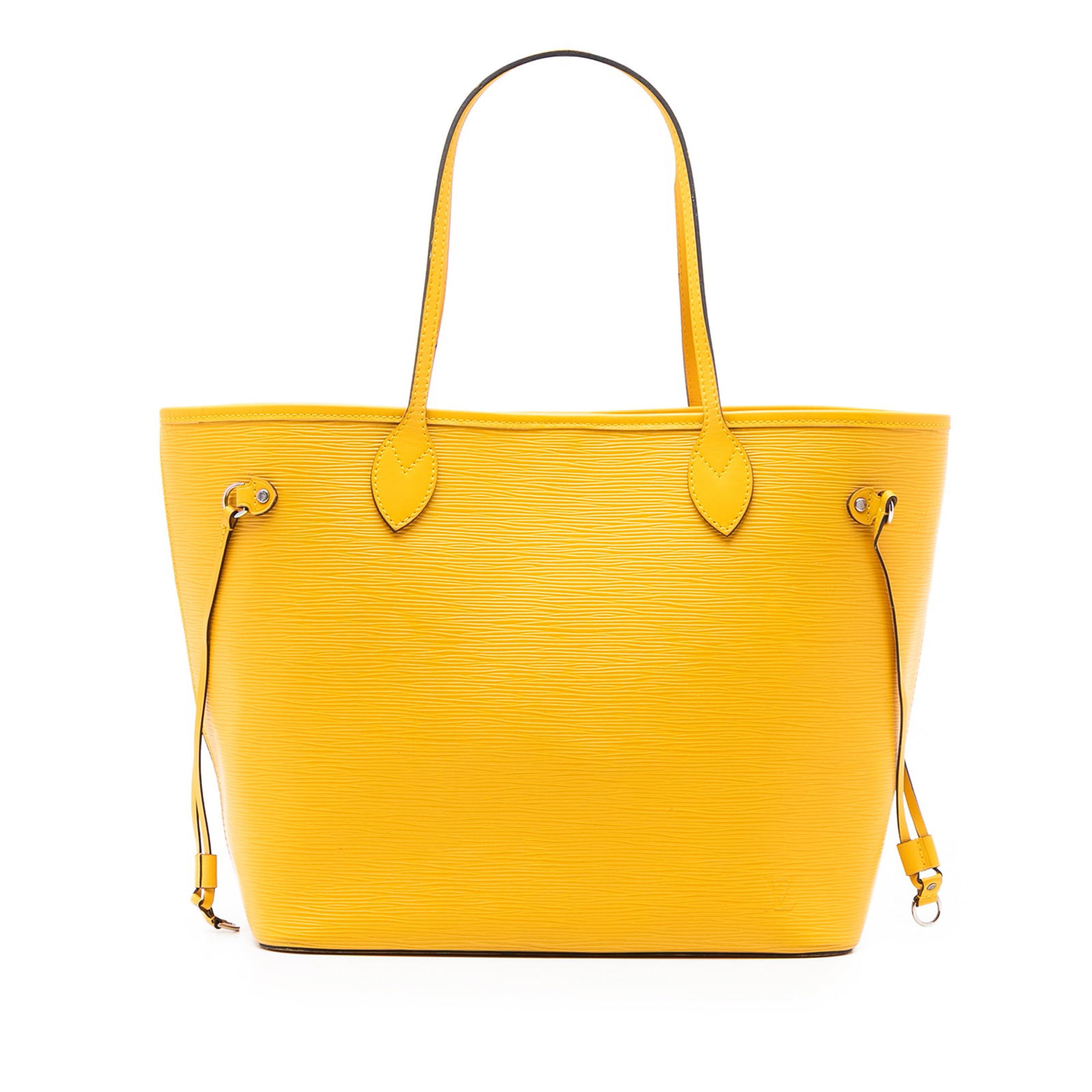 Epi Leather Neverfull MM Shoulder Bag in Yellow by Louis Vuitton: Epi Leather Neverfull MM Shoulder Bag in Yellow by Louis Vuitton This Louis Vuitton Epi Neverfull MM features a yellow epi leather body with flat leather straps and an open top secured by a lobster cl