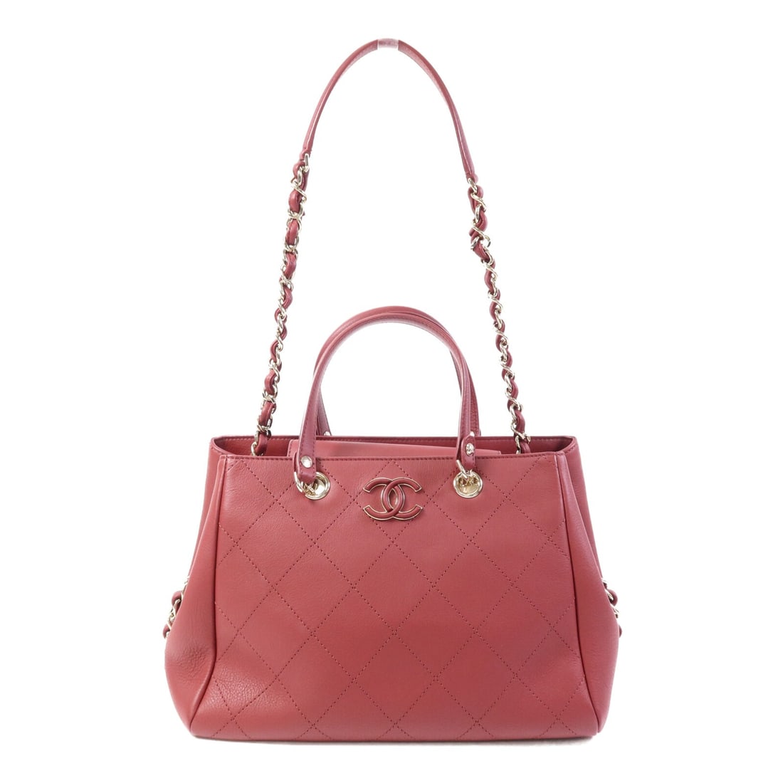 Red Calfskin CHANEL 2way Shoulder Bag with Gold Tone CC Hardware: Red Calfskin CHANEL 2way Shoulder Bag with Gold Tone CC Hardware This CHANEL 2-way shoulder bag features red calfskin leather and gold-tone hardware, offering versatility and elegance. Designed with a